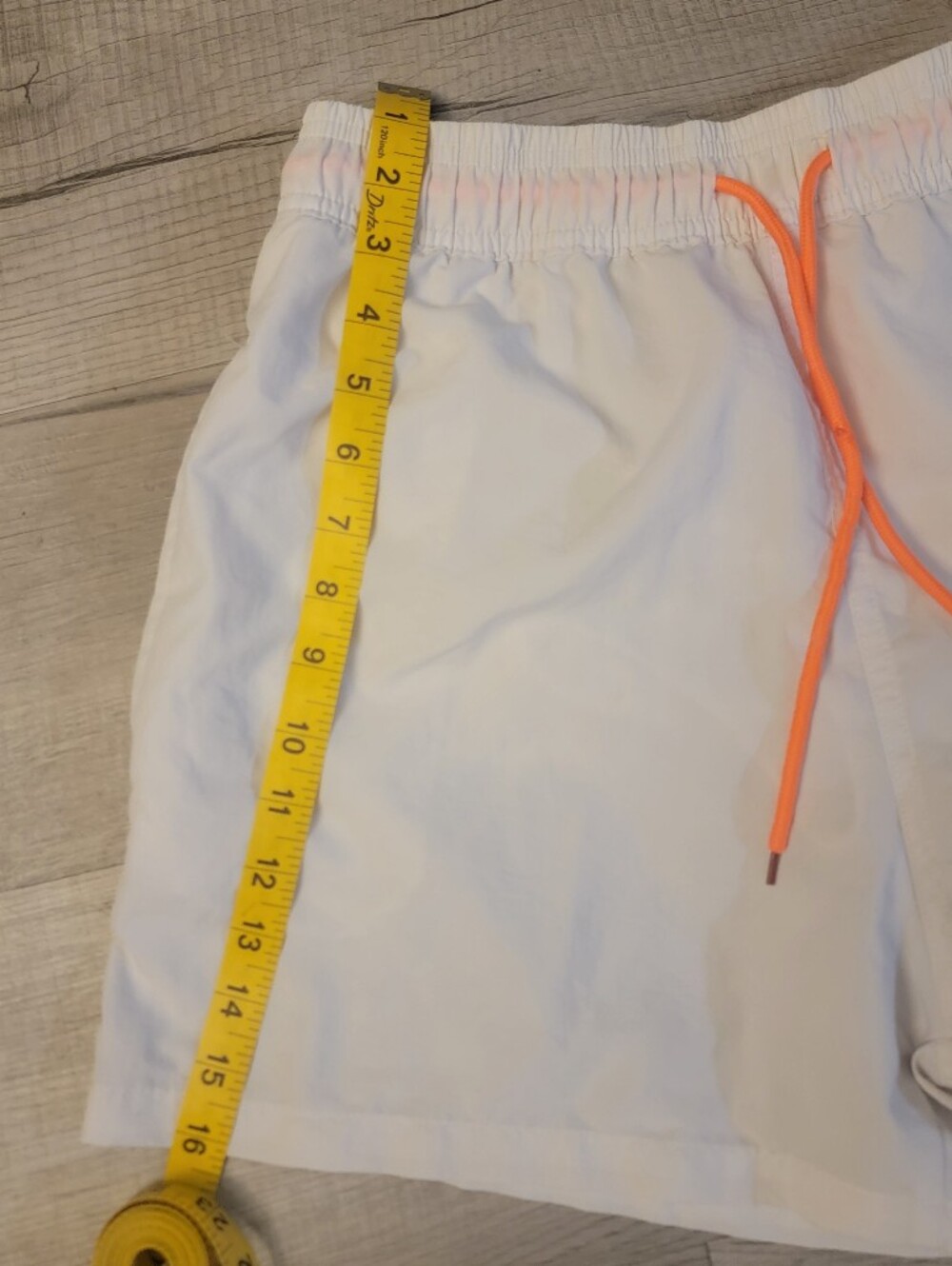 Men's White Swim Trunks with Neon Orange Drawstring